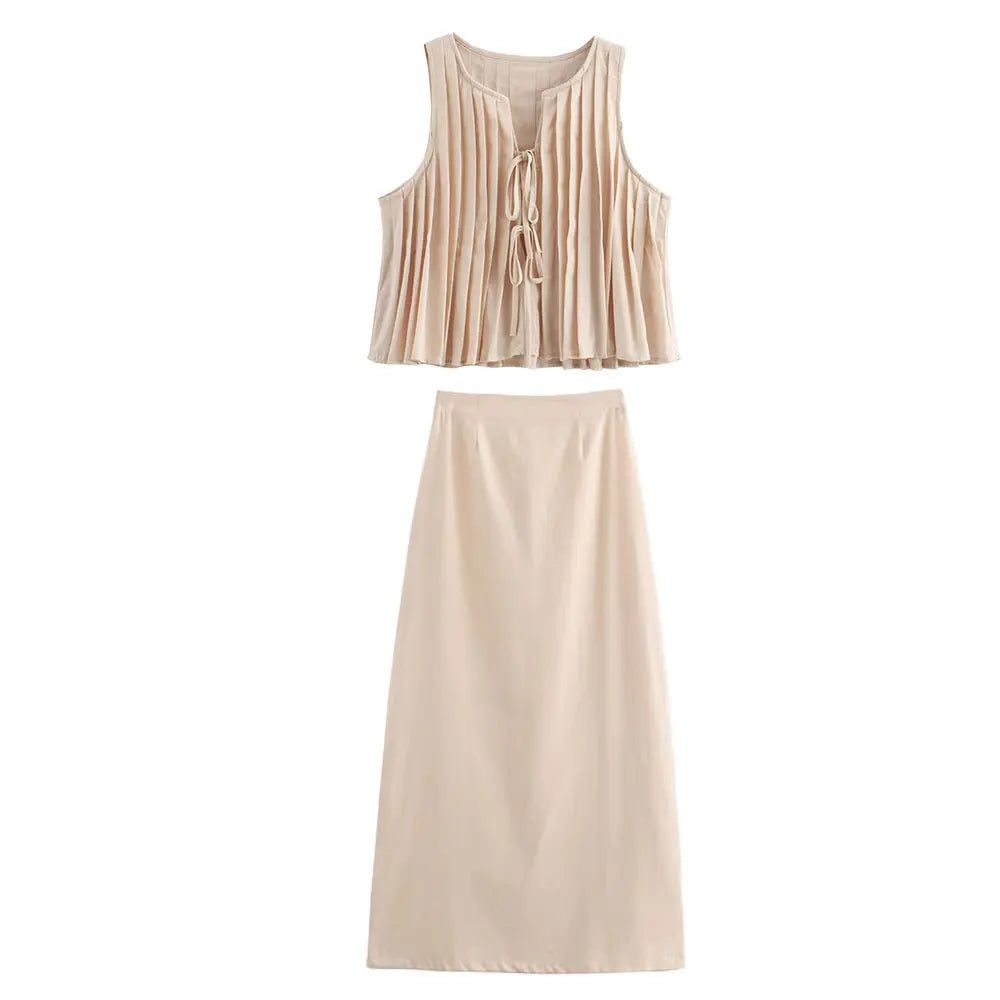 Women's 2-Piece Fashion Set Solid Pleated Vest Top and High Waist Midi Skirt Chic Coordinated Outfit for Elegant Style