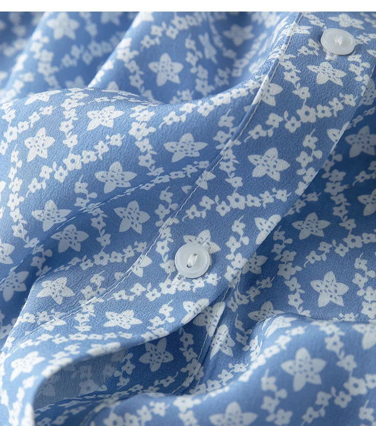 Silk Midi Dress For Women Blue Floral Ruffles V Neck