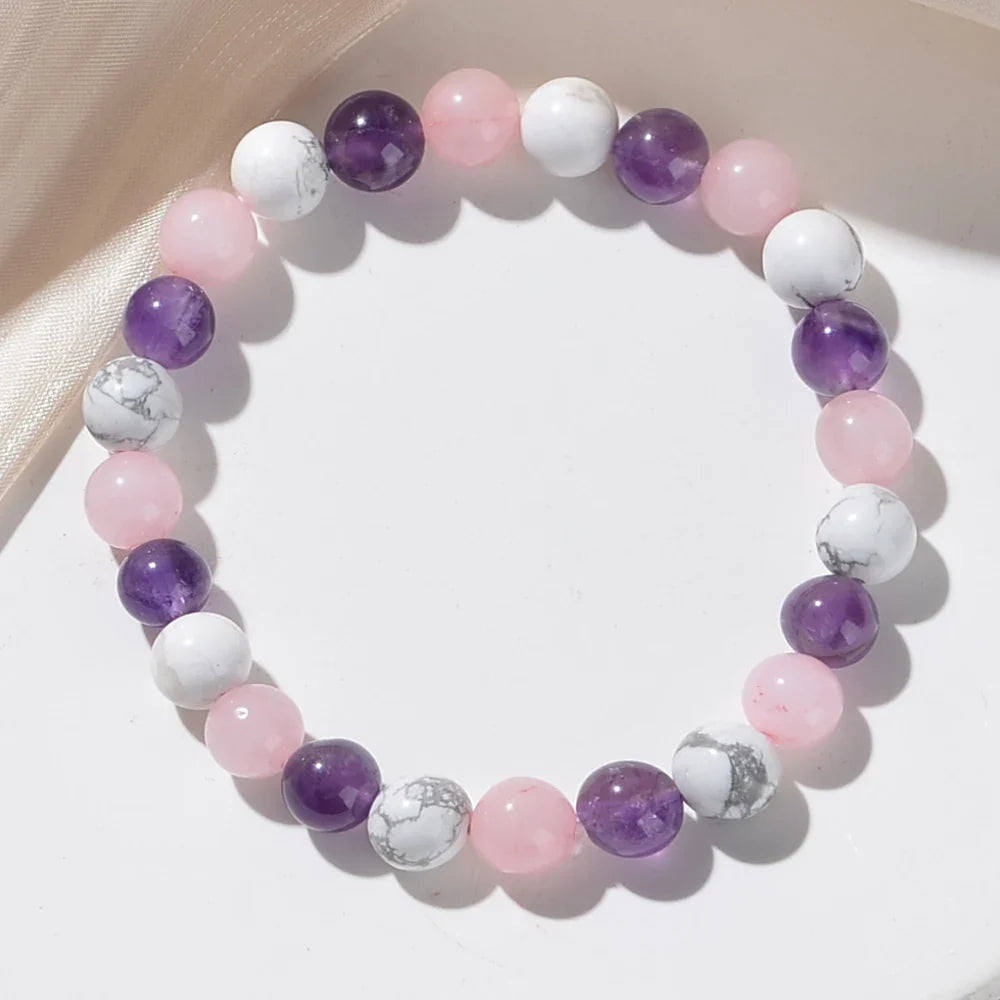 Fashionable Aura Balancing Sleep Bracelet with Natural Stones - White Turquoise, Amethyst and Rose Quartz 8mm