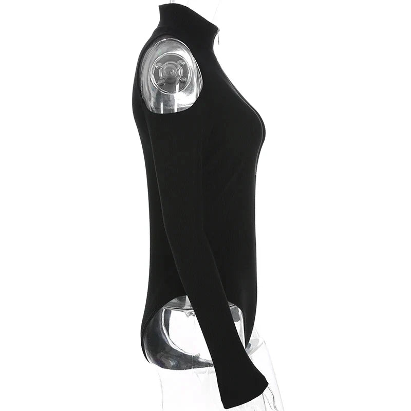 Black Ribbed Zipper Bodysuit for Women Long Sleeve Bodycon Tops Off Shoulder Slim Fit Autumn Winter Fashion