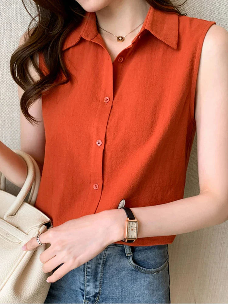 Sleeveless Turn-Down Collar Blouse for Women Elegant OL Style Workwear Shirt Lightweight Summer Top