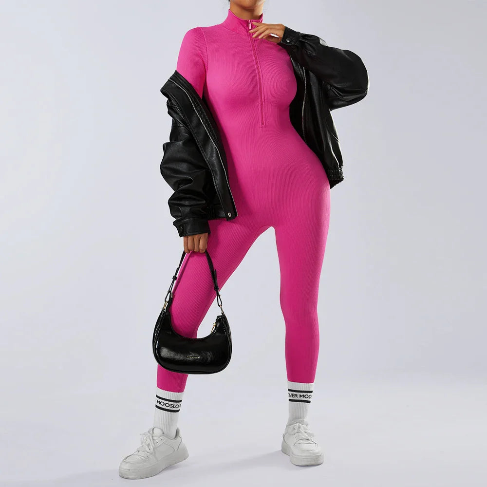 Women's Bodycon Jumpsuit Casual Fitness Rompers with Zipper Slim Fit Bodysuit Streetwear Activewear for Autumn and Winter