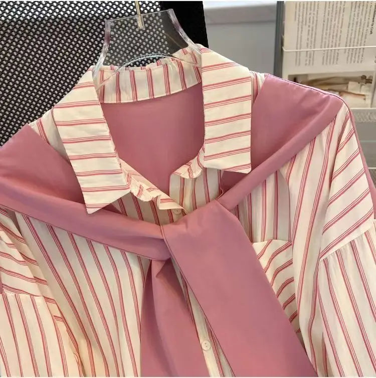Sweet Stripe Print Long Sleeve Shirt with Layered Two-Piece Design Elegant Chic Blouse for Women