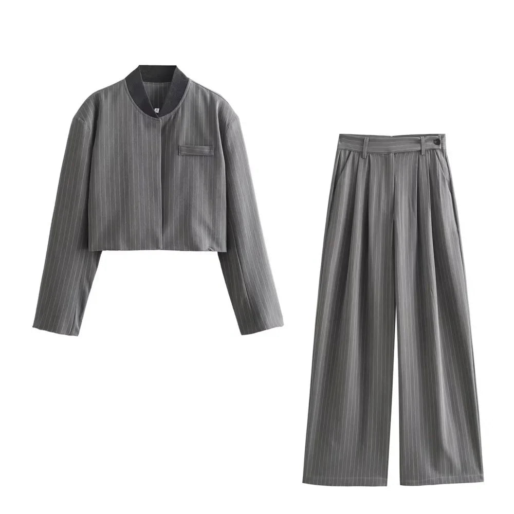 Striped Suit Set For Women With Jacket And Wide Leg Pants
