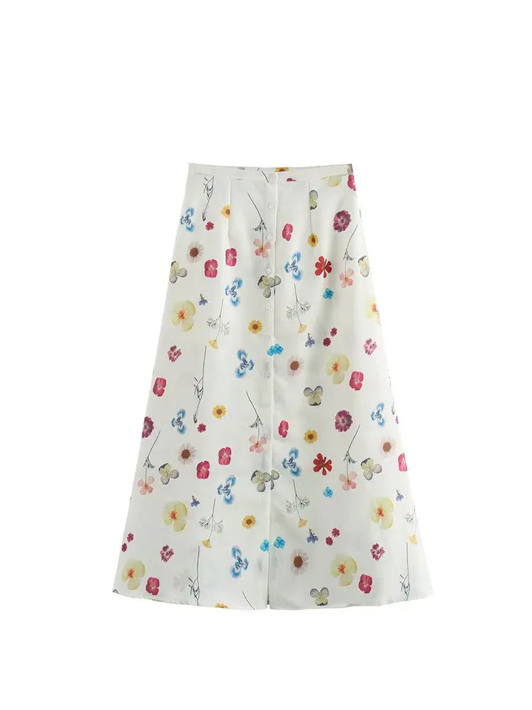 Women's Square Collar Lace-Up Slim Fit Top and Single Breasted A-Line Midi Skirt Two-Piece Set with Feminine Print