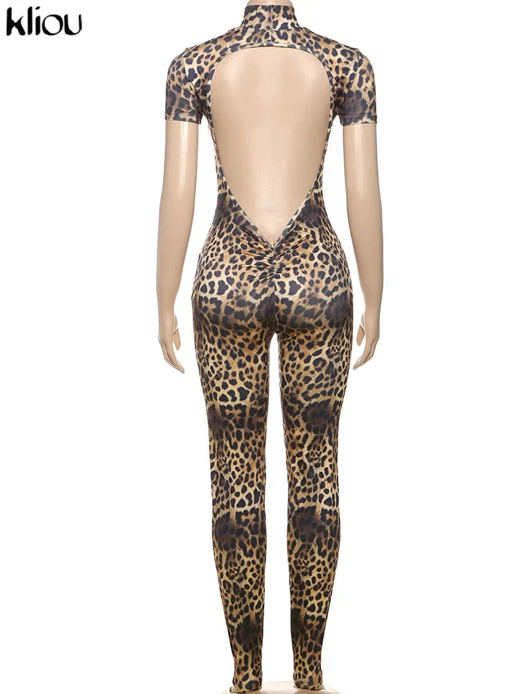 Sexy Printed Slim Fit Jumpsuit with Back Hollow Detail Full Sleeve Stand Collar Overalls for Midnight Party and Clubwear