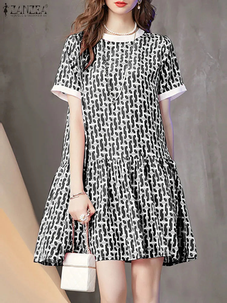 Boho Printed Sundress Knee Length Short Sleeve Dress