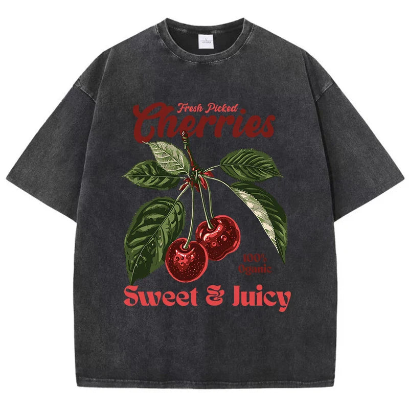 Fresh Picked Cherries Cotton T Shirt for Women with Distressed Oversized O Neck and Sweet Fruit Print Perfect for Casual Wear and Daily Life