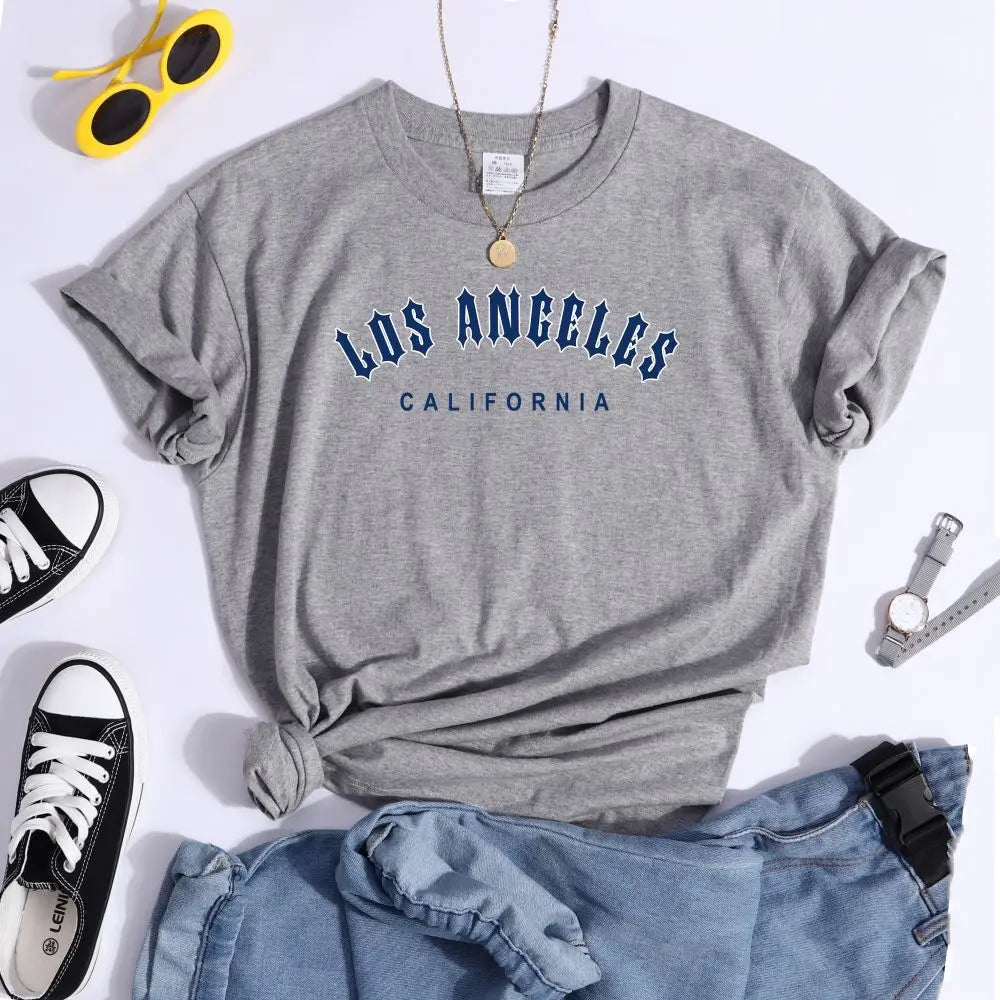 Los Angeles Letter Print Women's Casual T-Shirt Short Sleeve Crewneck Summer Style