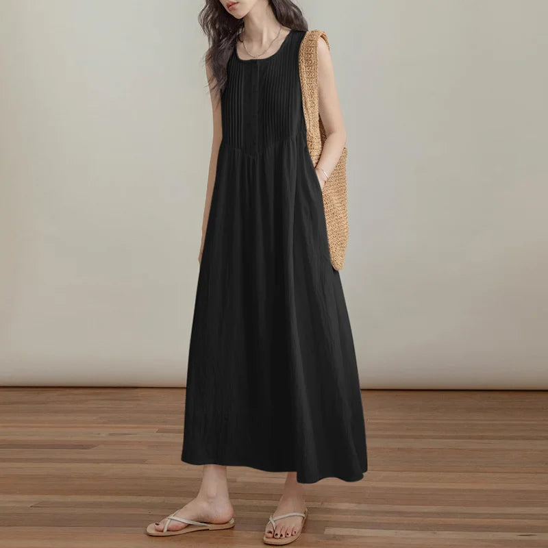 Sleeveless Pleated Long Sundress For Summer Beach Casual