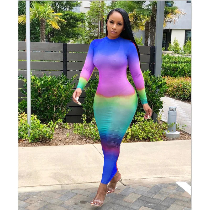 Rainbow Gradient Sheer O Neck Dress For Clubwear Nights