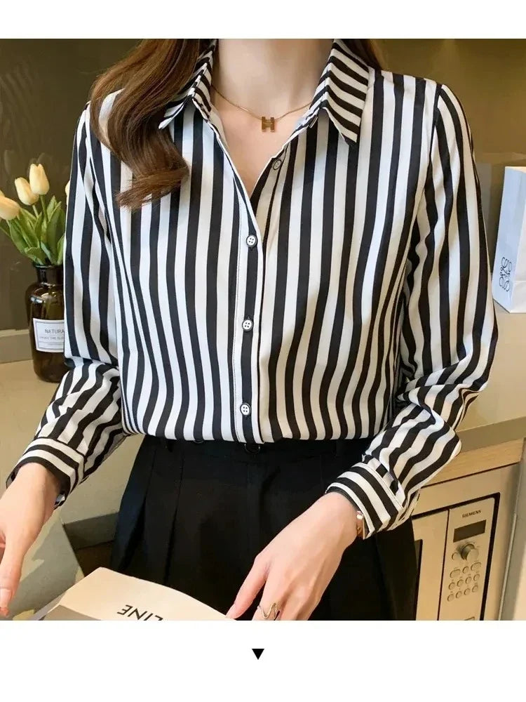 Women Black and White Striped Button Down Shirt Oversized Long Sleeve Boyfriend Blouse Casual Loose Fit Tops for Women