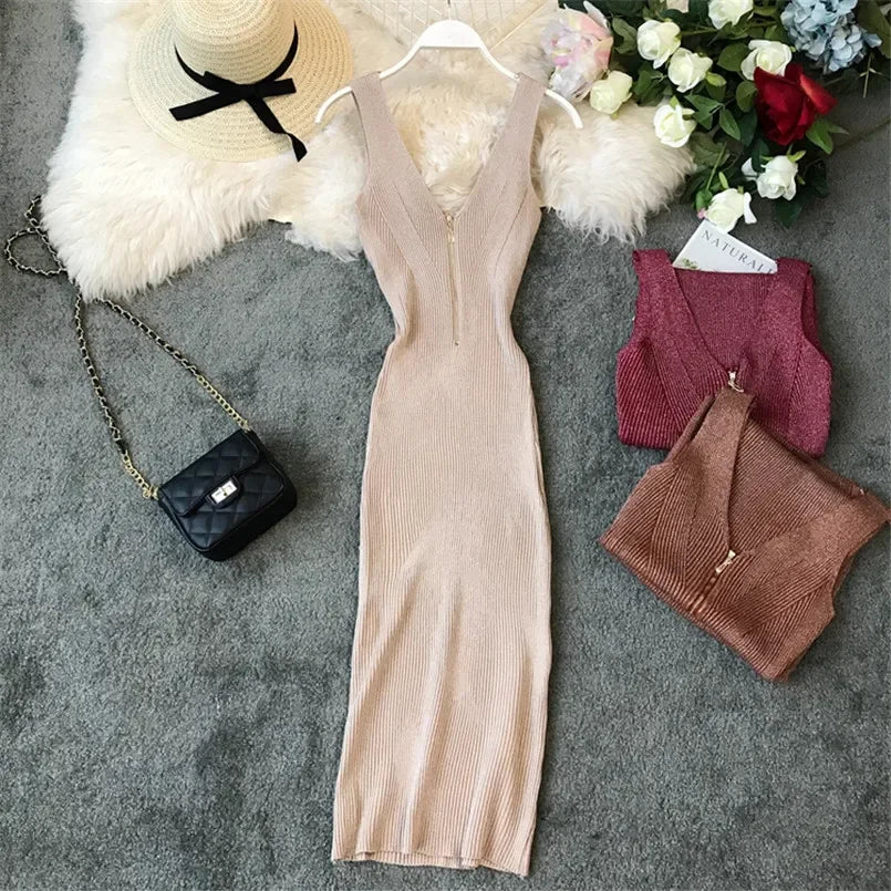 Sexy Zipper V Neck Knit Bodycon Midi Dress For Summer