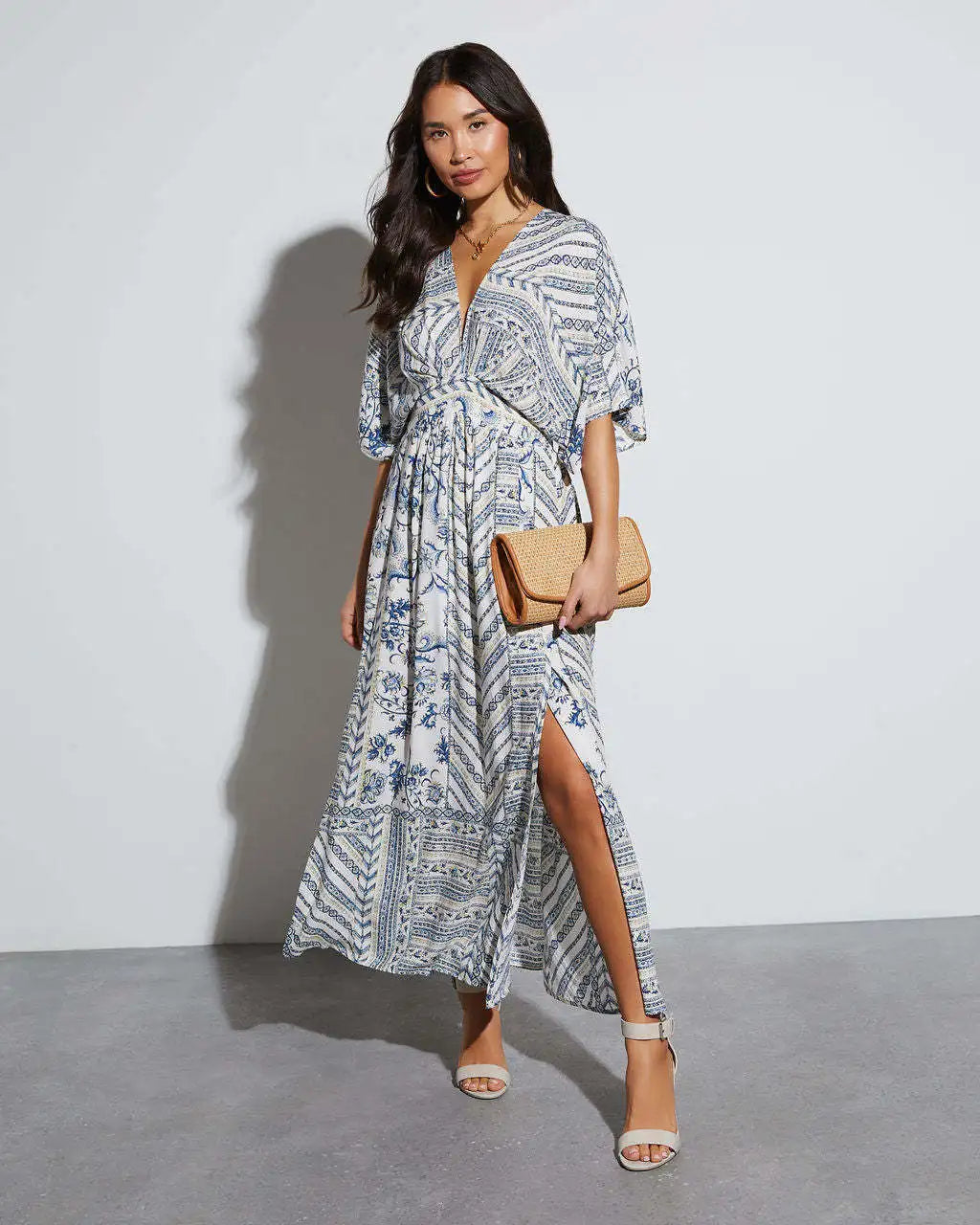 Bohemian Maxi Dress Printed V Neck Beach Vacation Style