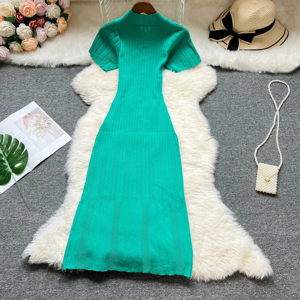 Knit Bodycon Maxi Dress With Short Sleeves O Neck Stylish