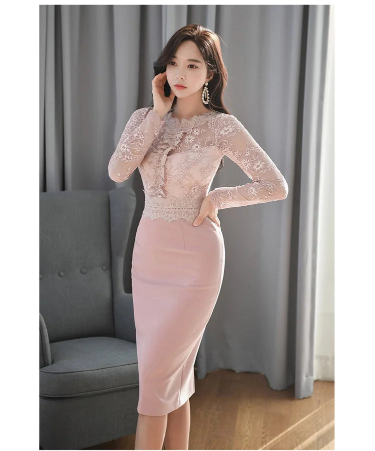 Korean Lace Bodycon Dress Women Office Sheath Pencil