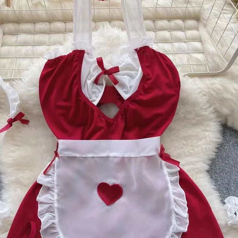 Maid Cosplay Nightwear Set Halter Hollow Out Thong