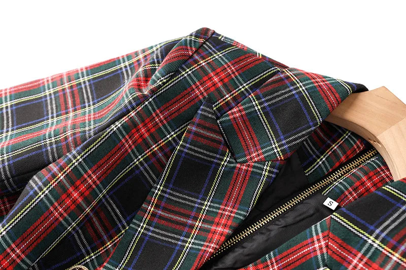 Black Red Plaid Blazer Dress With Belt For Office Women