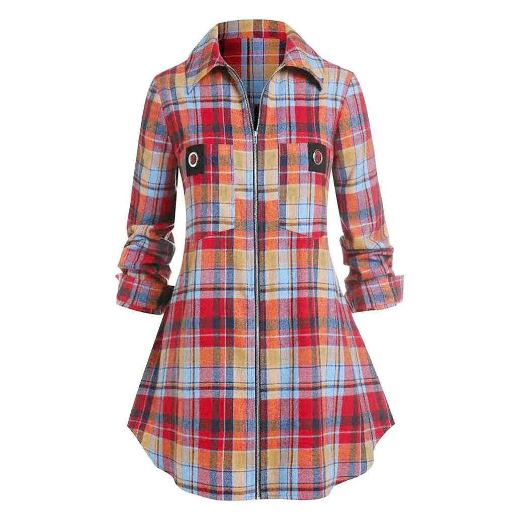 Vintage Plaid Midi Dress For Fall With Zip Up Long Sleeve