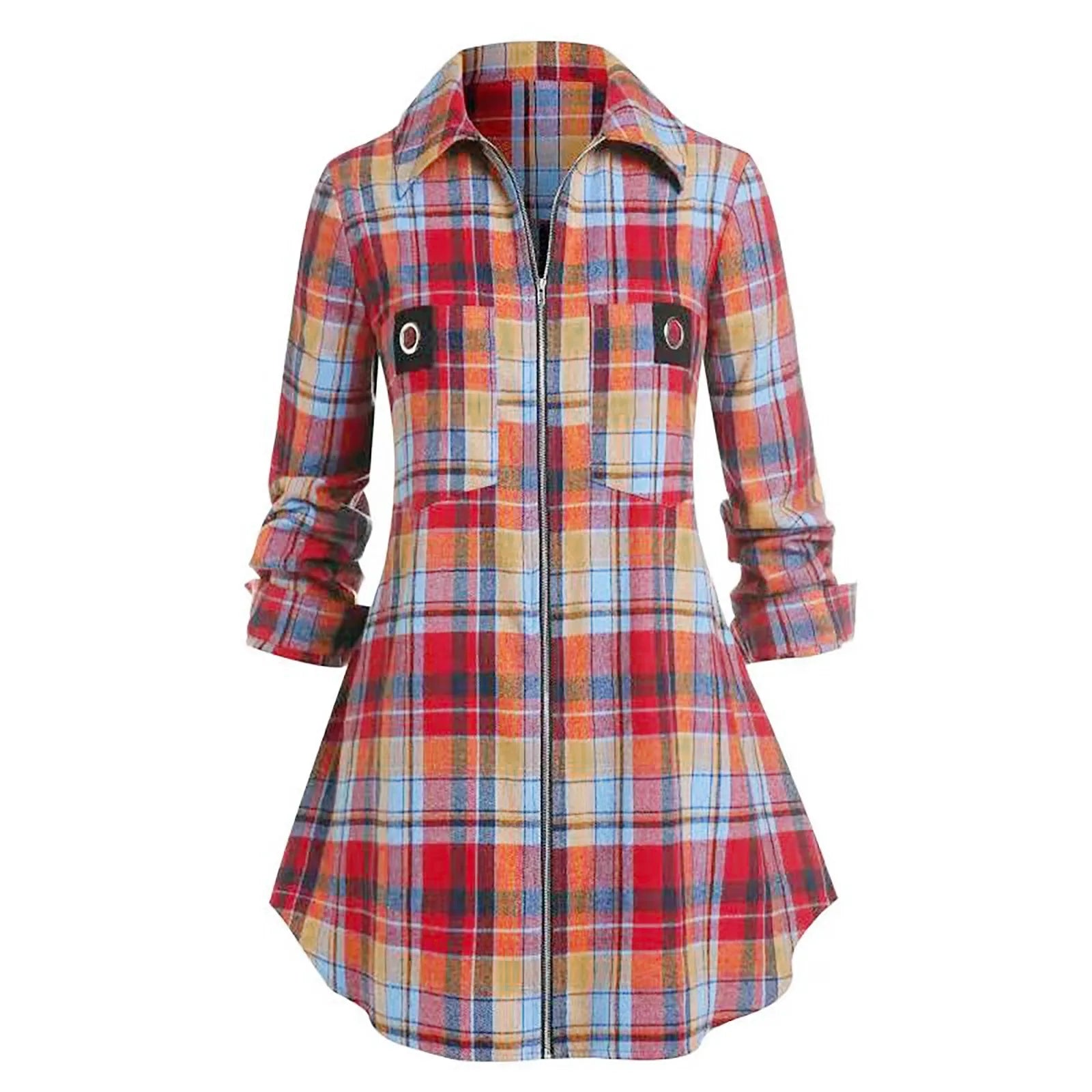 Vintage Plaid Midi Dress For Fall With Zip Up Long Sleeve