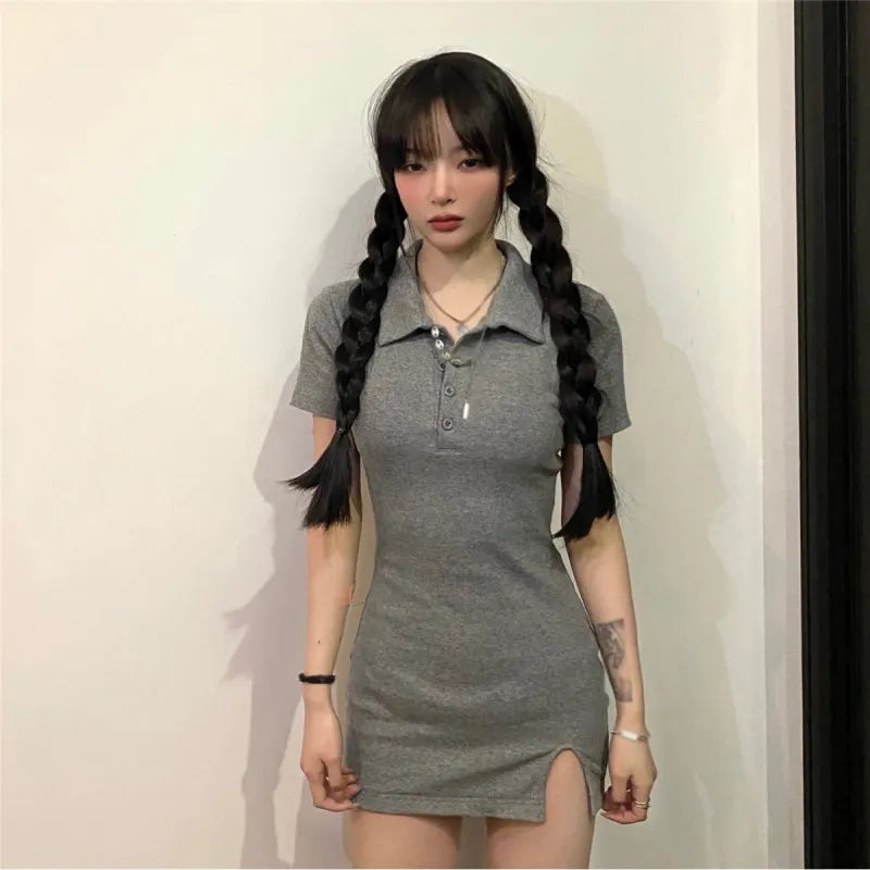 Women Summer Dress Short Sleeve Mini Turn Down Collar