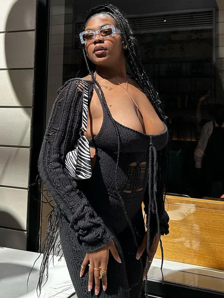 Weird Puss Bandage Knit Halter Jumpsuit with Gloves Women Stretch Sexy Backless Hollow Skinny Street Style Stacked Workout Overalls