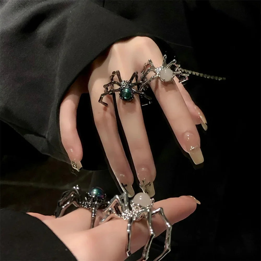 Punk Dark Spider Open Ring with Moonstone for Women Gothic Jewelry