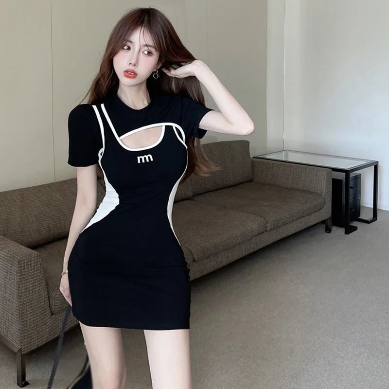 Women Hollow Out O Neck Short Sleeve Patchwork Mini Dress