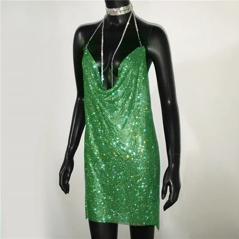 Sequin Rhinestone Backless Mini Dress For Nightclub Party