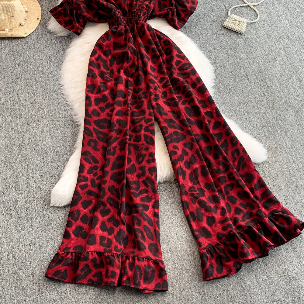 Women's Summer V-Neck Leopard Print Lace-Up Jumpsuit Short Sleeve Loose Fit Playsuit Overalls with Elegant Ruffle Detail