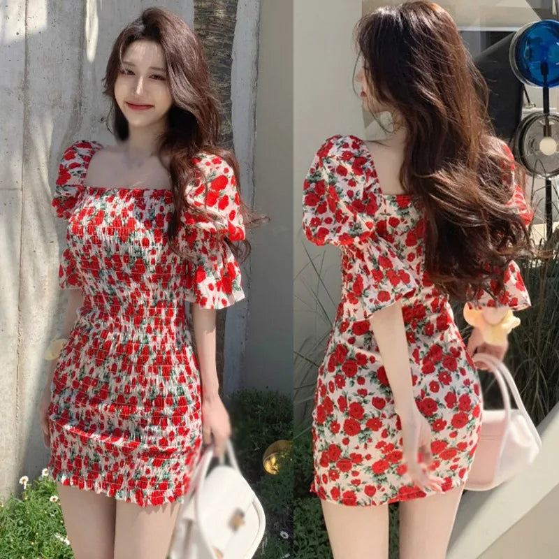 Womens Summer Floral Party Dress Square Neck Wrap Waist