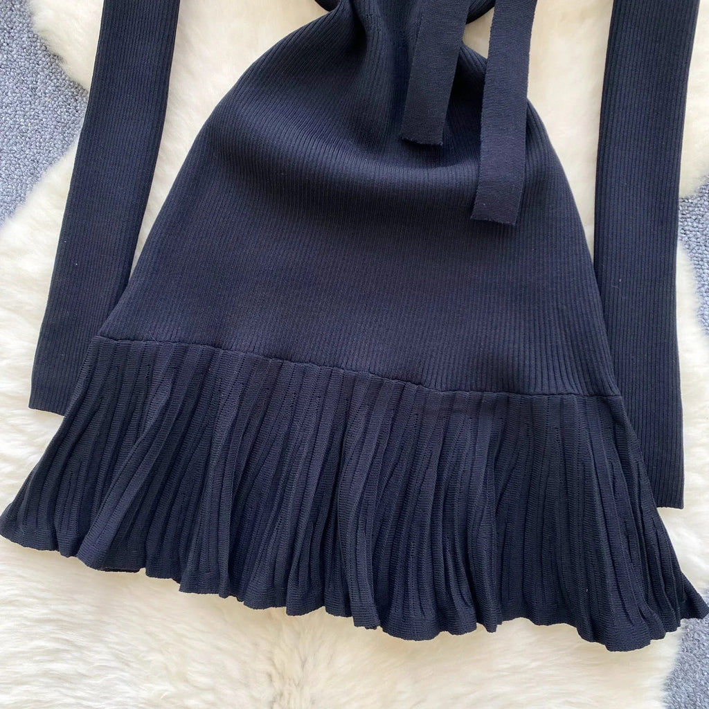 Knitted Short Dress With O Neck Bow Bodycon Chic Style