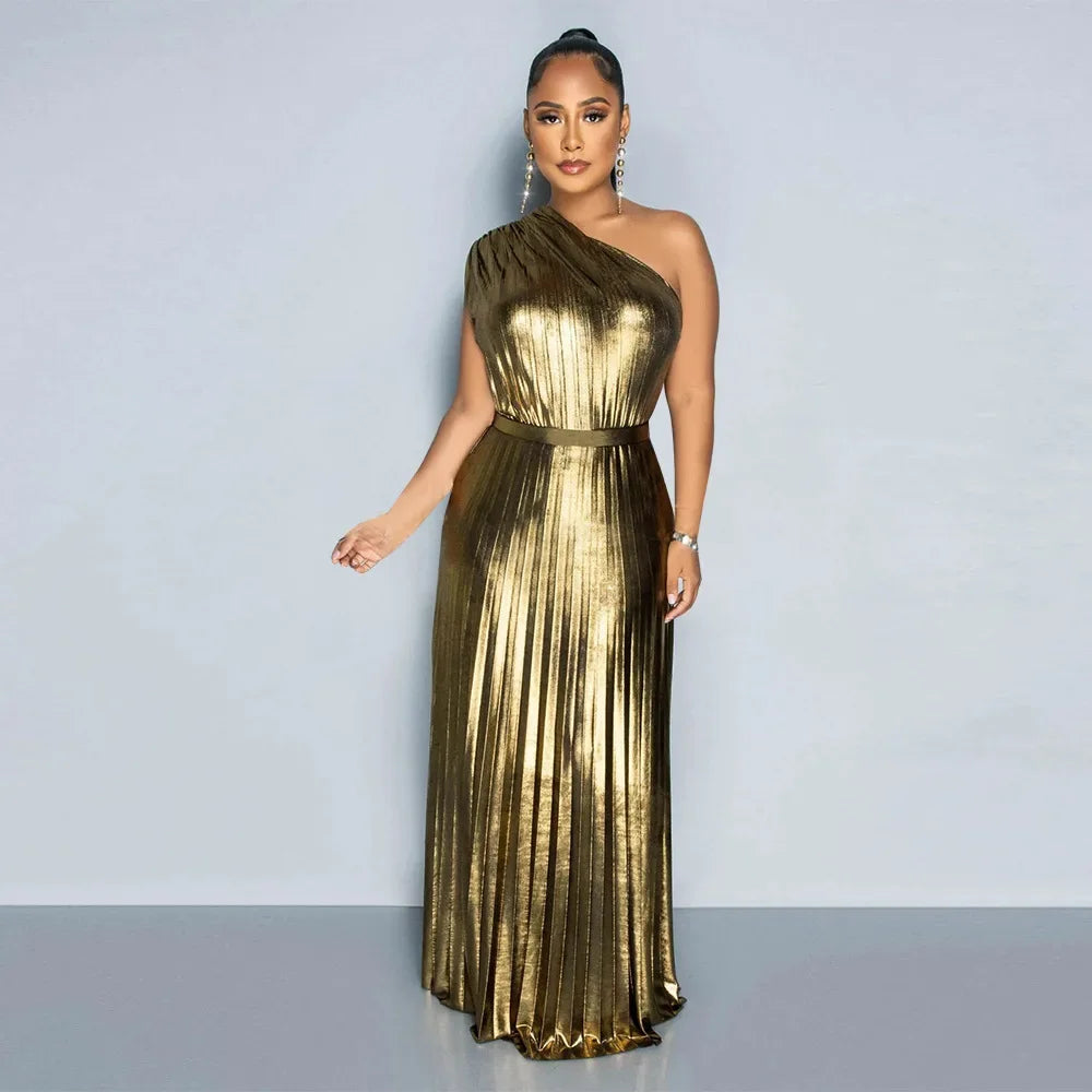 One Shoulder Metallic Pleated Maxi Dress Evening Gown