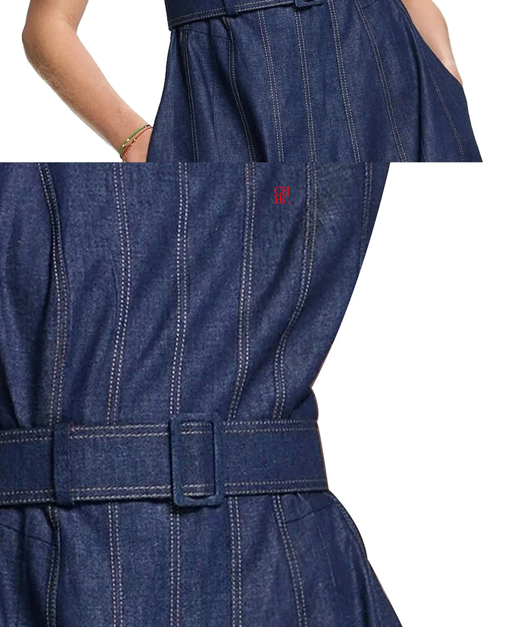 Denim Maxi Dress For Women Sleeveless High Waist O Neck