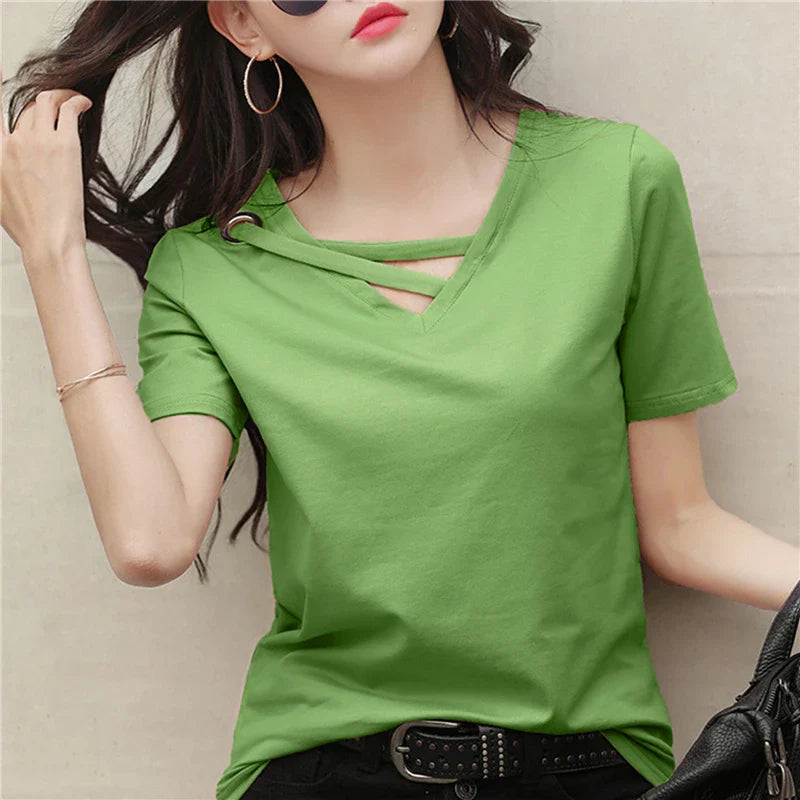 Casual Women V-Neck Loose White T-Shirt Summer Short Sleeve Polyester Top