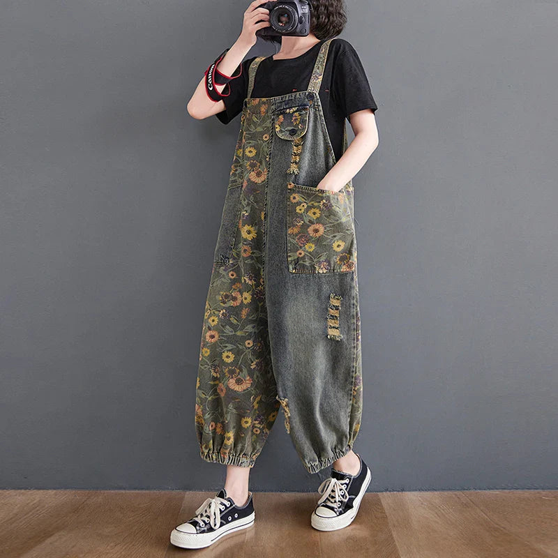Casual Oversized Floral Print Denim Overalls for Women Loose Wide Leg Mom Jeans Romper Jumpsuit with Cargo Straps Baggy Pants