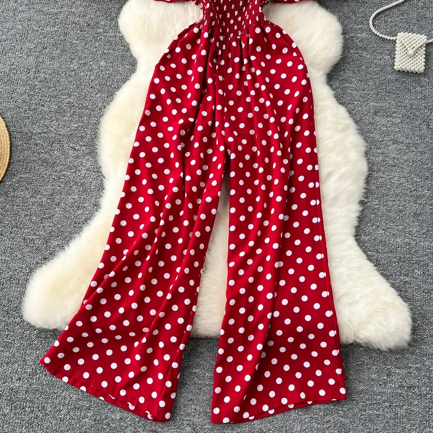 Elegant Polka Dot Romper for Women V-Neck Short Sleeve High Waist Wide Leg Jumpsuit Loose Fit Summer Playsuit