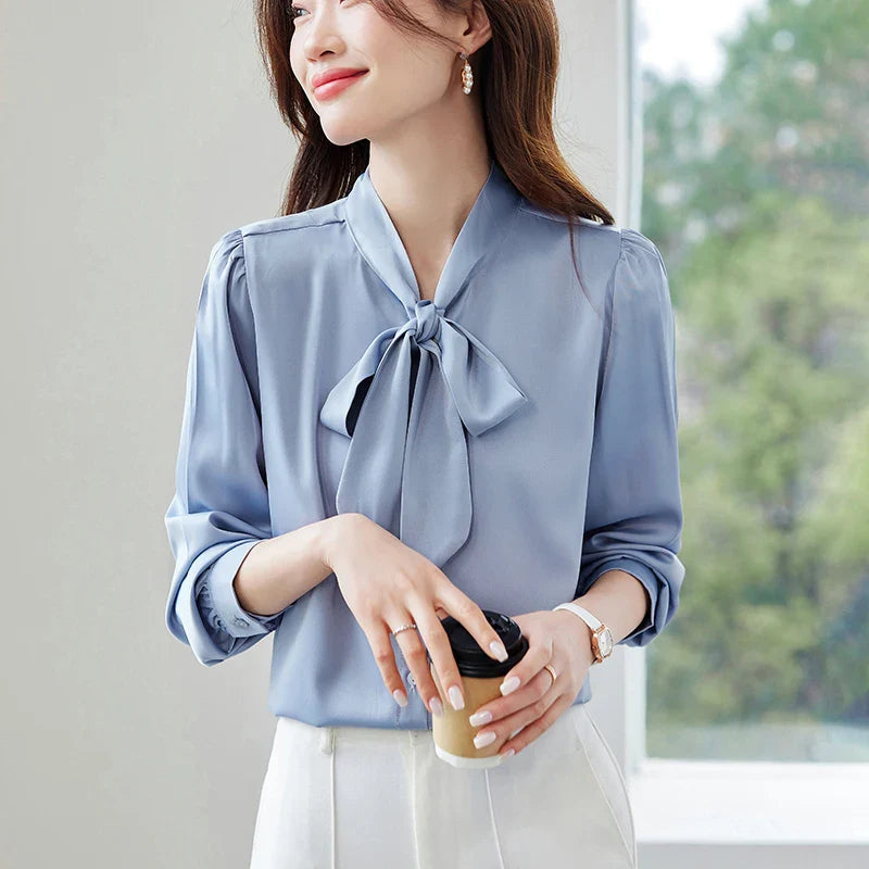 Elegant Women's Long Sleeve Blouse with Bow Collar Casual Loose Fit White Office Shirt Top