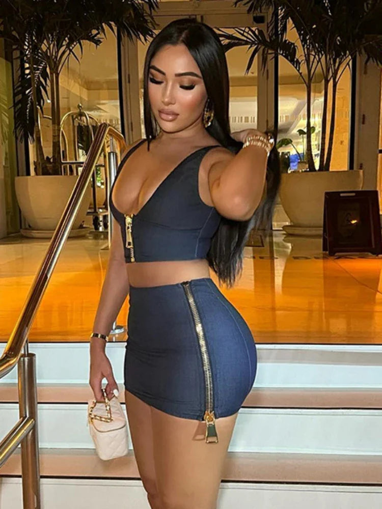 Casual Two Piece Set for Women Sleeveless Zipper Low Neck Tank Top with High Waist Hip Skirt Party Clubwear Ensemble