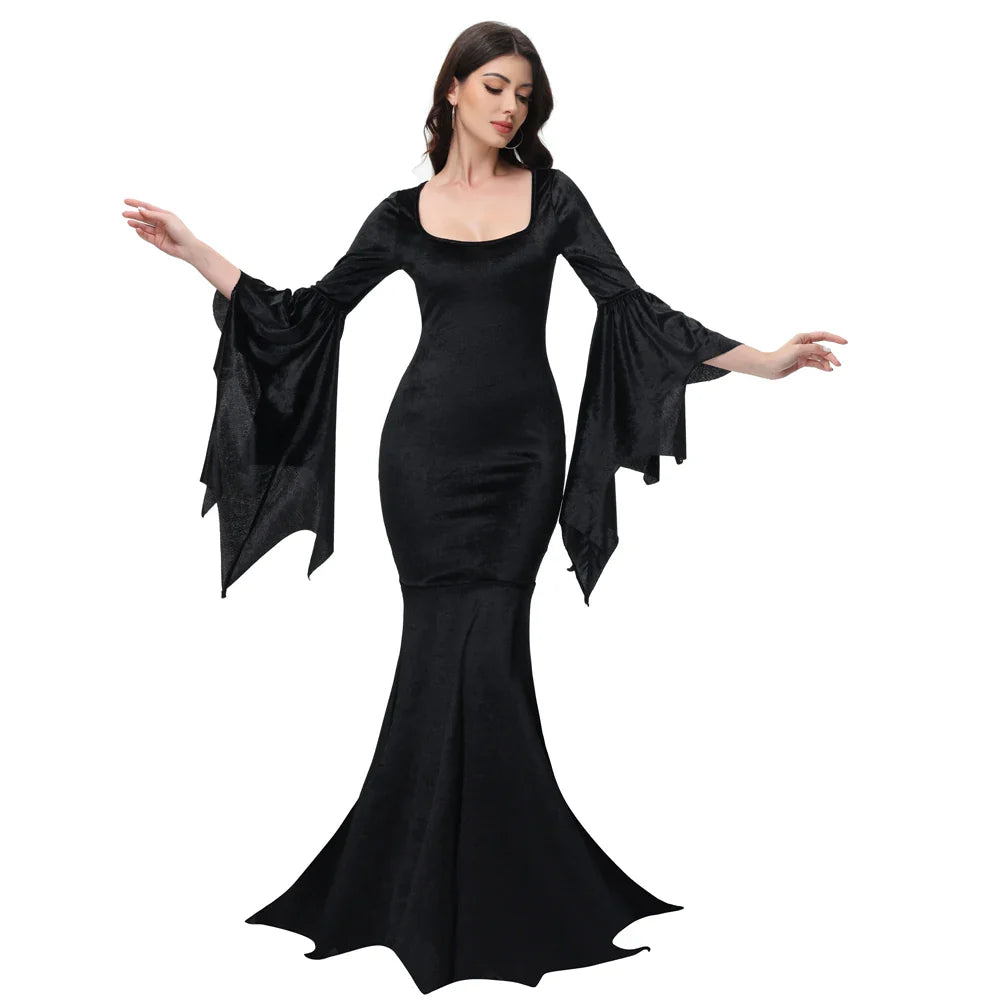 Morticia Addams Gothic Velvet Dress With Flared Sleeves
