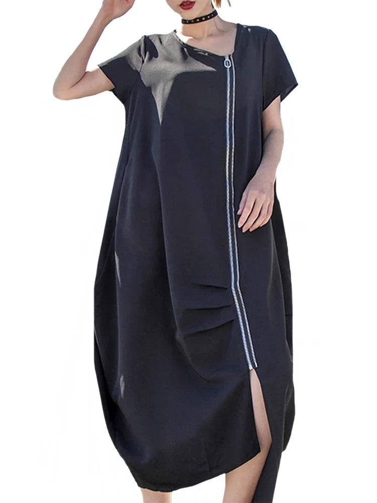 Black Zipper Dress For Women Elegant Casual Long Dress