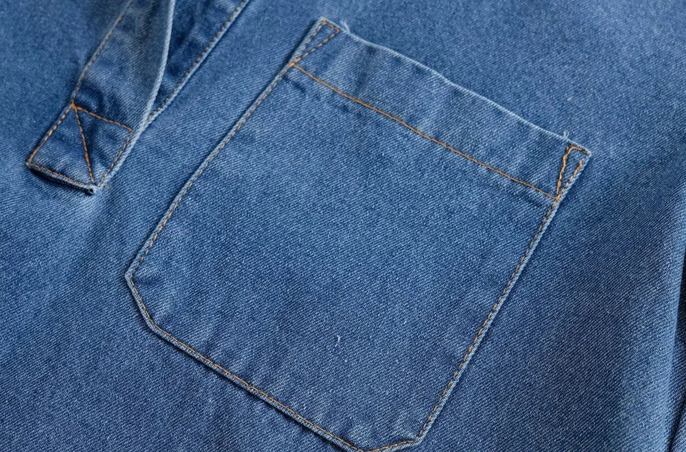 Women's Denim Loose Shirt with Pockets and High Elastic Waist Wide Leg Pants Two Piece Set