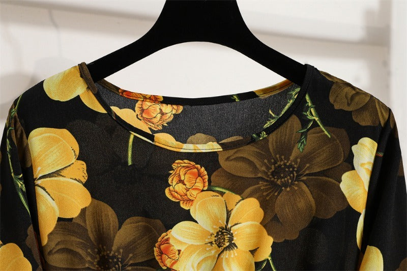 Bohemian Floral Maxi Dress High Waist Chiffon Long Sleeves