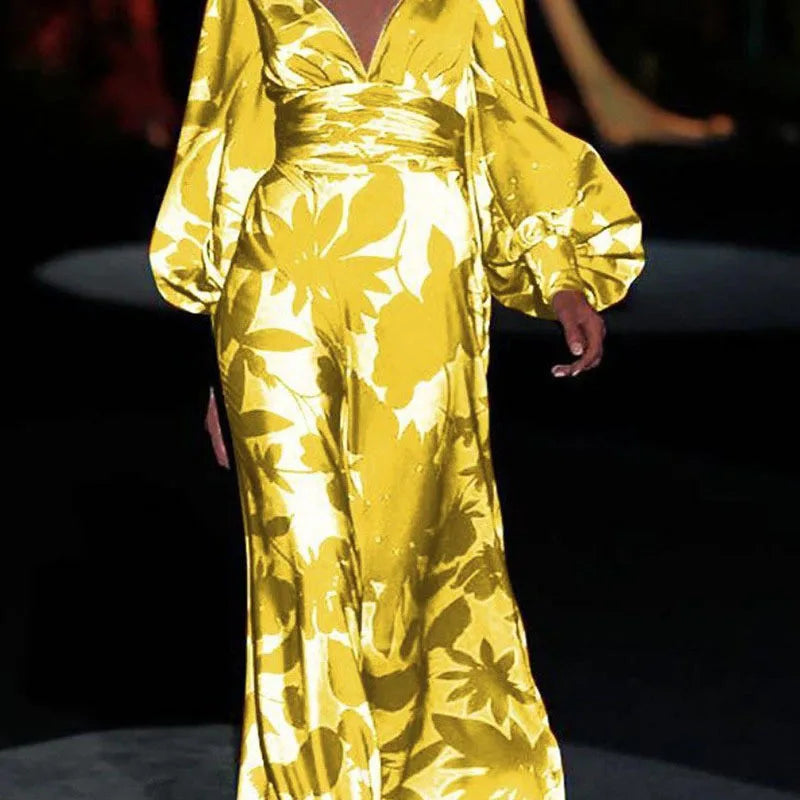 Printed Womens V Neck Lantern Sleeve Long Evening Dress