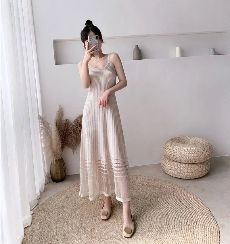Striped Midi Dress Mesh Korean Patchwork Spaghetti Strap