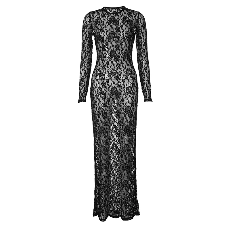 Floral Print Sheer Maxi Dress Long Sleeve Bodycon Evening