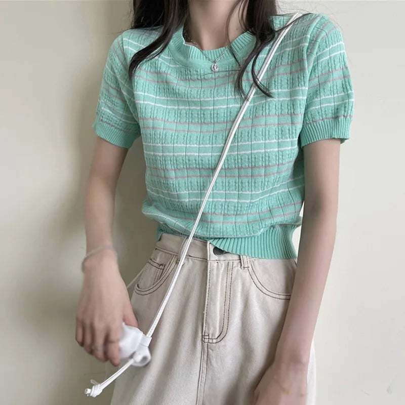 Summer Striped Women's Knitted Crop Top Casual O-Neck Short Sleeve T-Shirt Preppy Style Tees