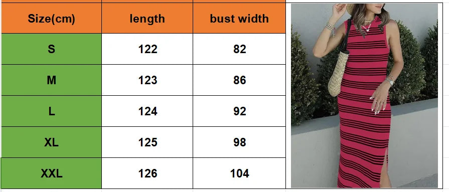 Casual Striped Knitted Midi Dress With Side Slit Summer