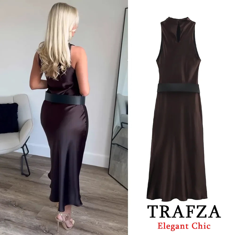 Elegant Satin Belt Midi Dress For Women Vintage Brown