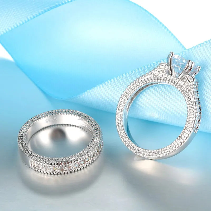 Elegant 925 Sterling Silver Engagement Couple Rings Set with Shiny Cubic Zirconia for Weddings and Anniversaries